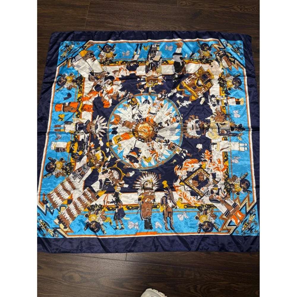 Vtg Southwestern Native American Inspired Scarf Large Square Blue Tribal Western